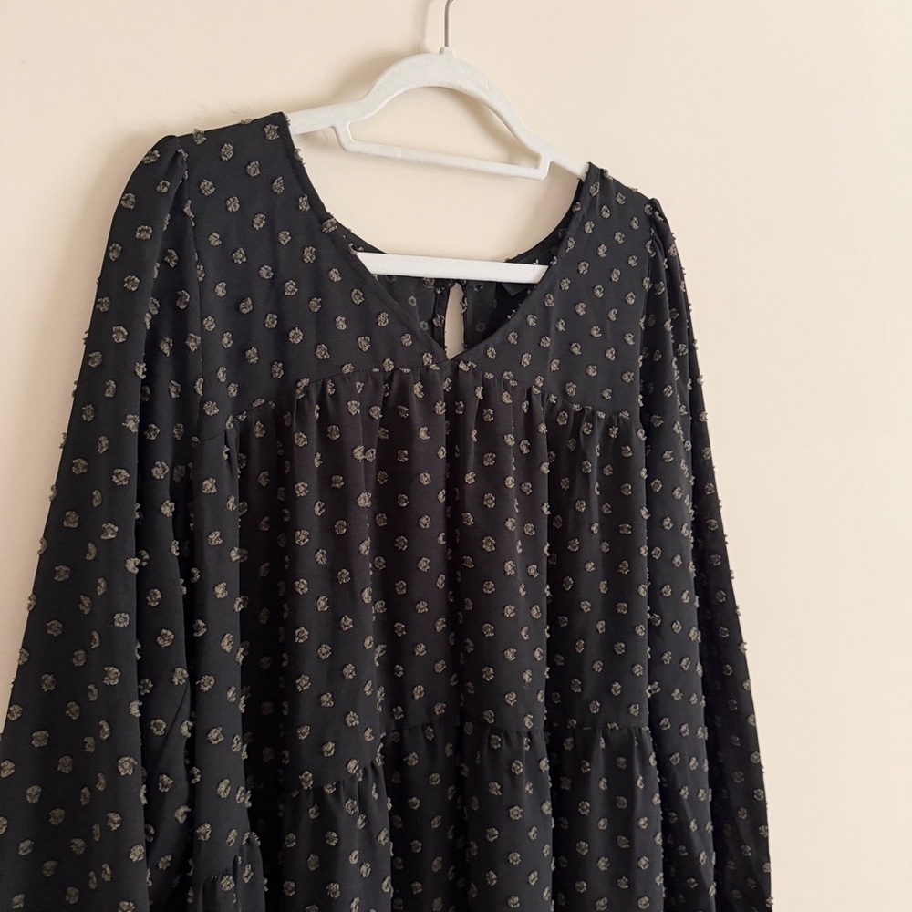 ODDI Black Long Sleeve Tiered Dress Women’s L Textured Dot Boho Midi - Picture 3 of 9